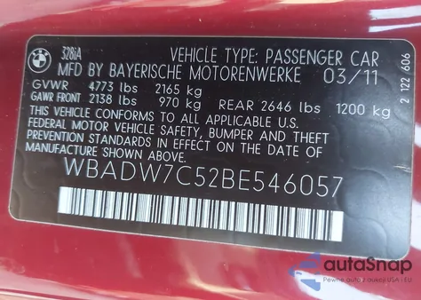 2011 BMW 328I from USA, damaged, VIN WBADW7C52BE546057